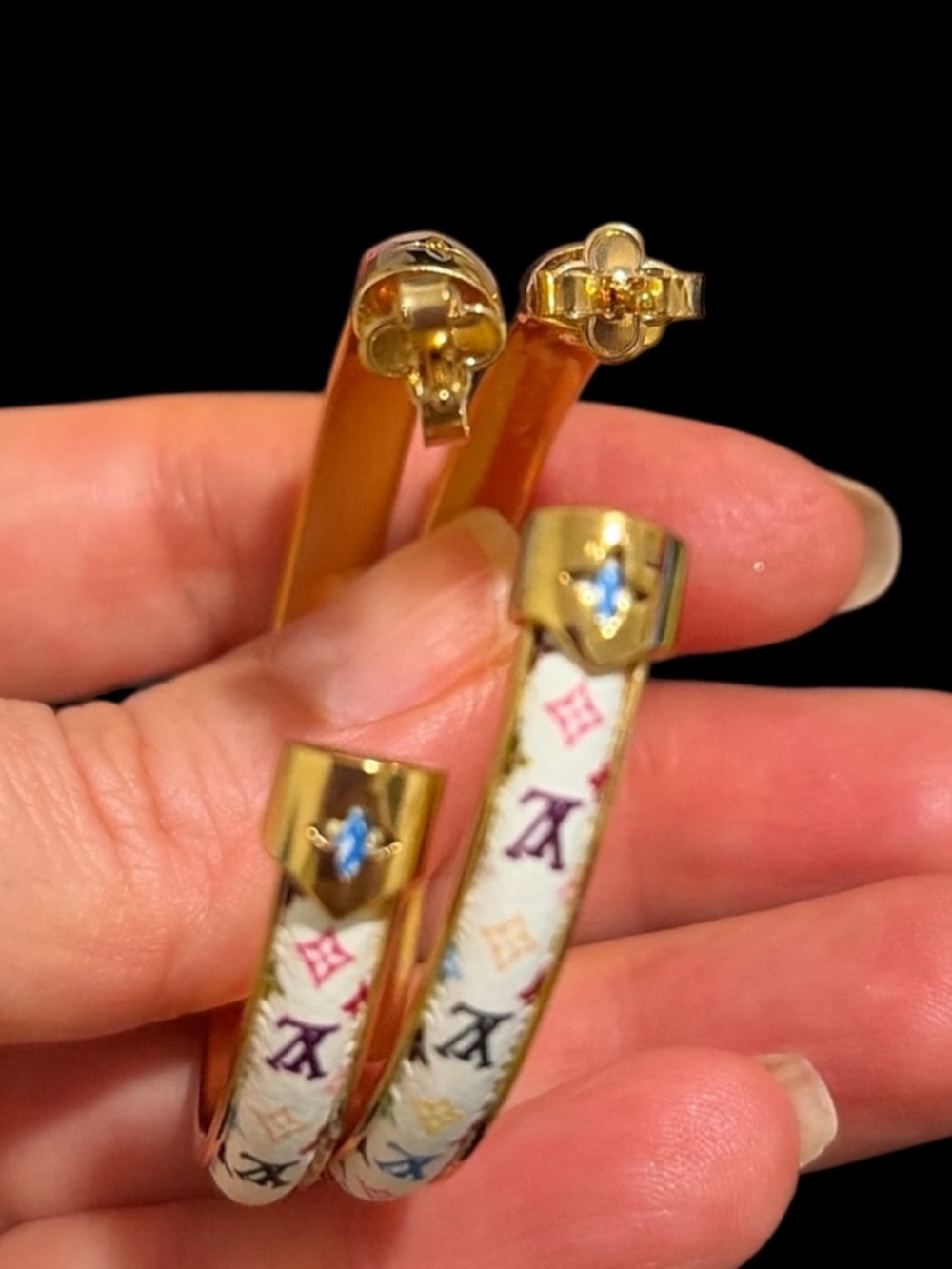 Louis Vuitton White Multicolor Monogram Gold-Trim Hoop Earrings with box - Picture 6 of 6